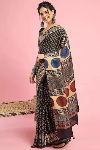 Black ethnic printed saree with blouse piece