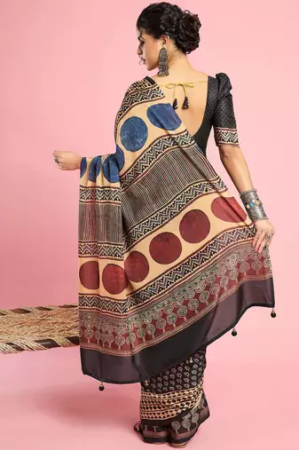Black ethnic printed saree with blouse piece