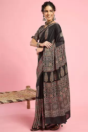 Black ethnic printed saree with blouse piece