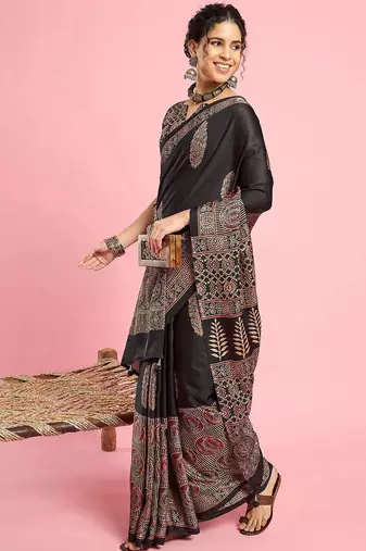 Black ethnic printed saree with blouse piece