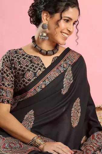 Black ethnic printed saree with blouse piece