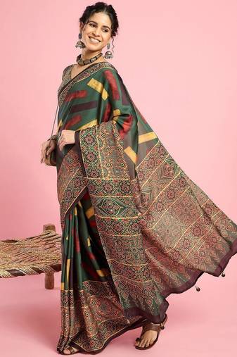 Green ethnic printed saree with blouse piece