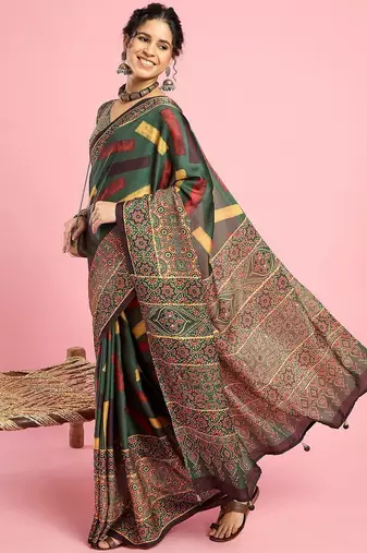 Green ethnic printed saree with blouse piece