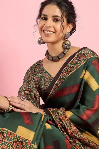 Green ethnic printed saree with blouse piece