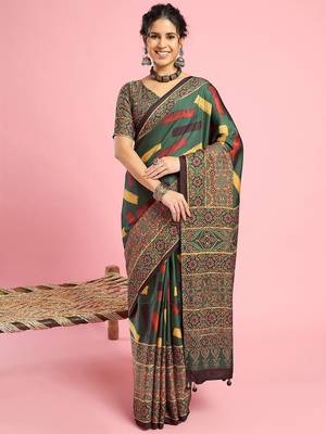 Green ethnic printed saree with blouse piece 3