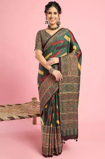 Green ethnic printed saree with blouse piece