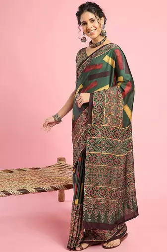 Green ethnic printed saree with blouse piece