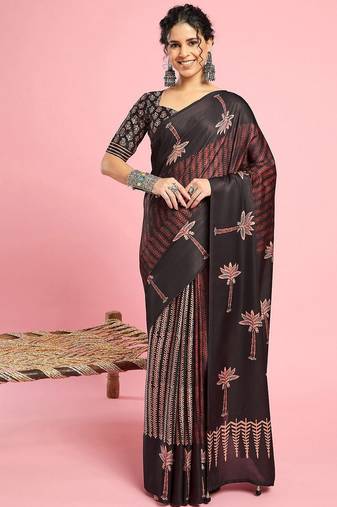 Black ethnic printed saree with blouse piece