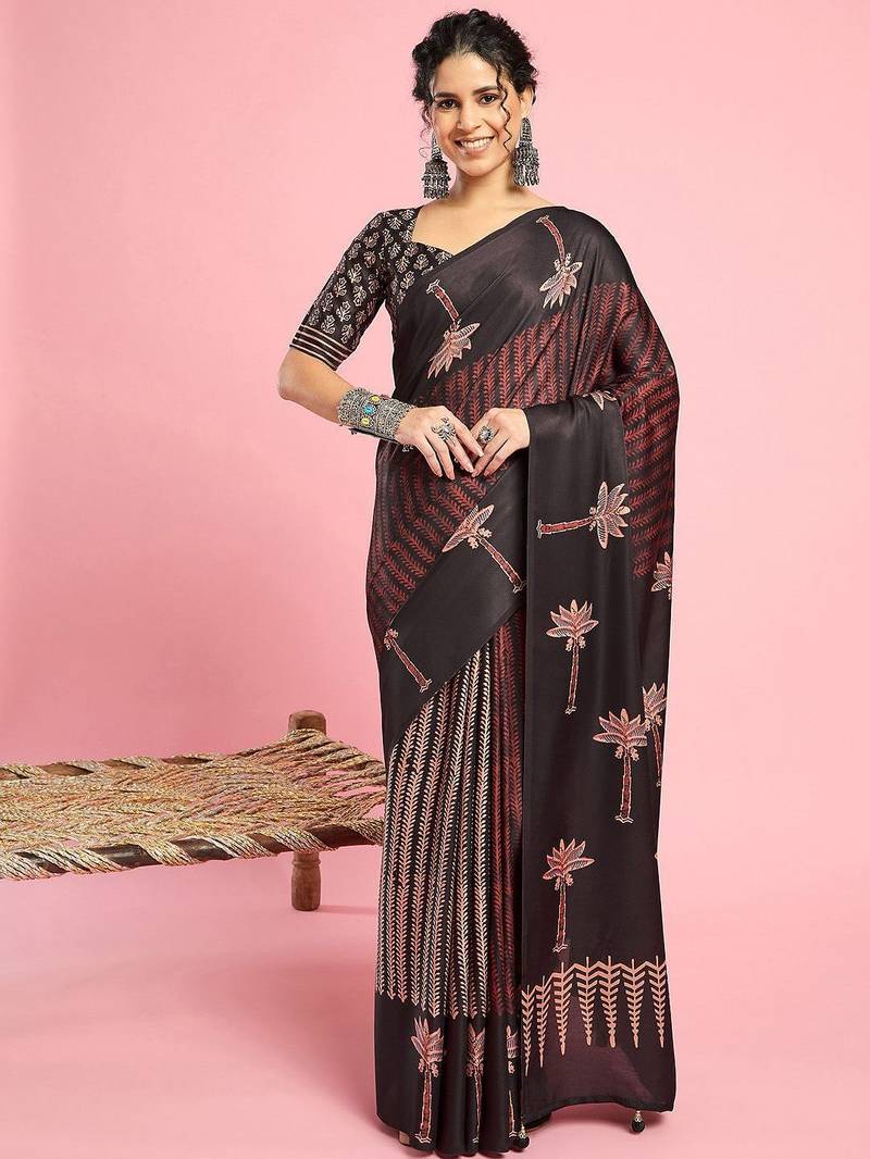Black ethnic printed saree with blouse piece