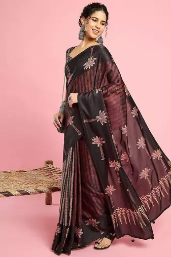 Black ethnic printed saree with blouse piece