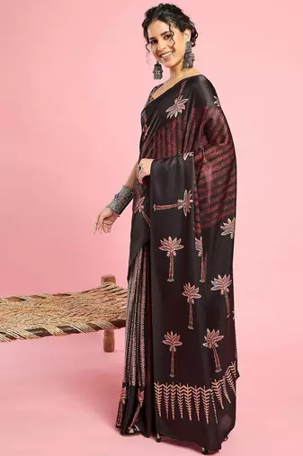 Black ethnic printed saree with blouse piece