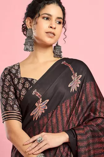 Black ethnic printed saree with blouse piece