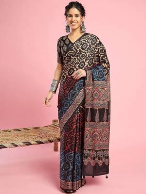 Beige ethnic printed saree with blouse piece 1