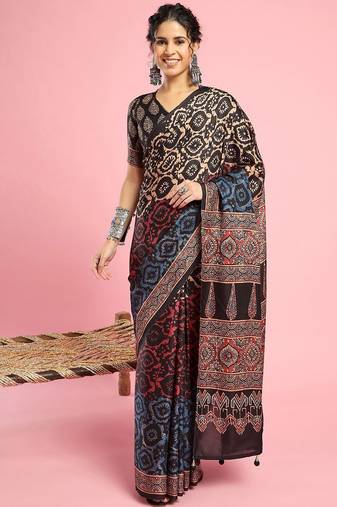 Beige ethnic printed saree with blouse piece