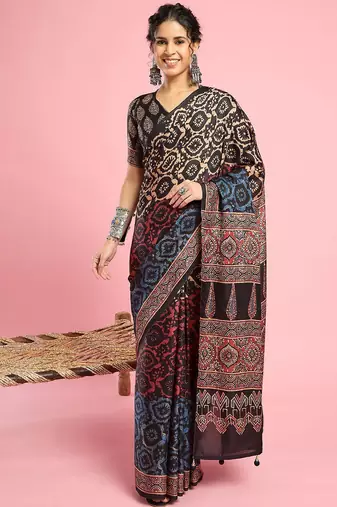 Beige ethnic printed saree with blouse piece