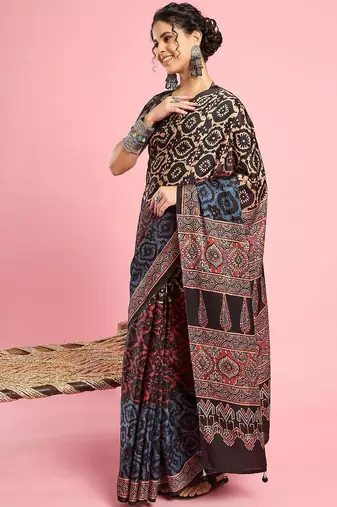 Beige ethnic printed saree with blouse piece