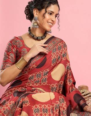 Rust ethnic ajrak printed saree with blouse piece 1