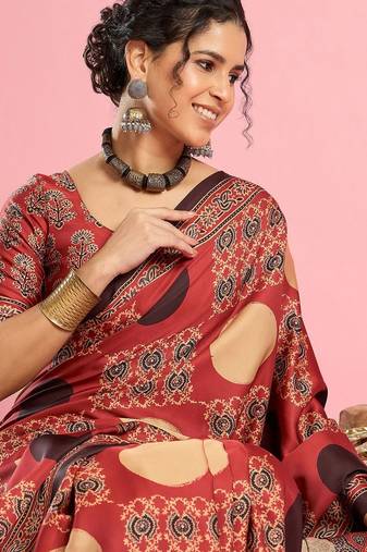 Rust ethnic ajrak printed saree with blouse piece