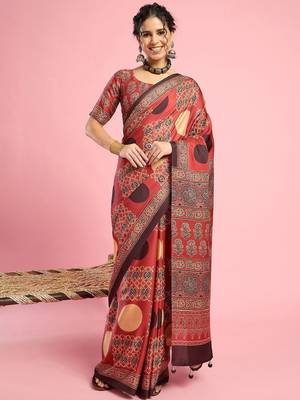 Rust ethnic ajrak printed saree with blouse piece 2