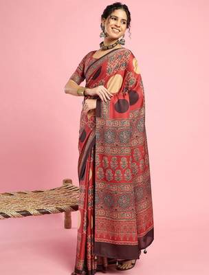 Rust ethnic ajrak printed saree with blouse piece 3