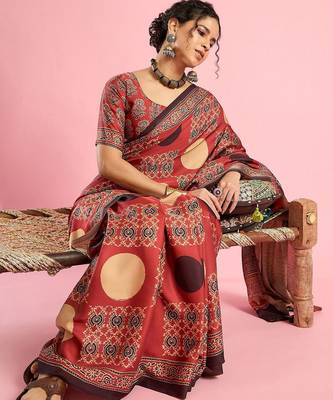 Rust ethnic ajrak printed saree with blouse piece 5