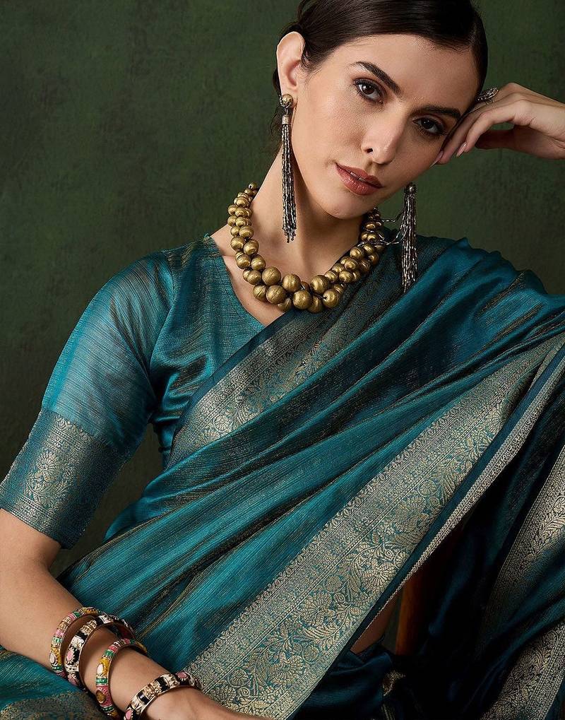 Teal woven design zari kanjeevaram saree