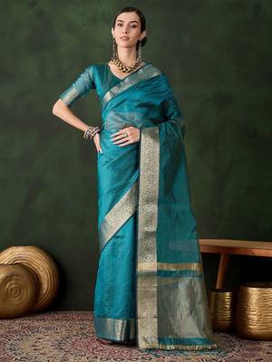 Teal woven design zari kanjeevaram saree 2