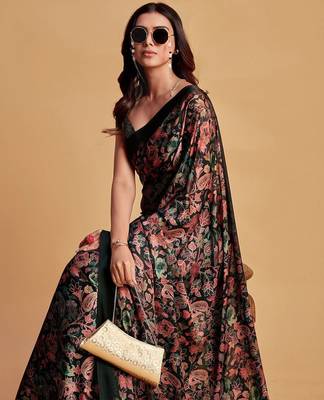 Charcoal charcoal & pink floral printed satin saree 1