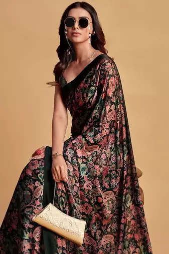 Charcoal charcoal & pink floral printed satin saree