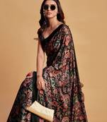 Charcoal charcoal & pink floral printed satin saree