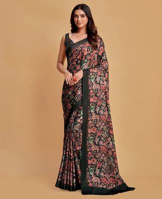 Charcoal charcoal & pink floral printed satin saree 2
