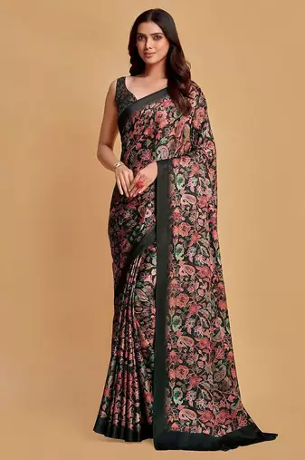 Charcoal charcoal & pink floral printed satin saree