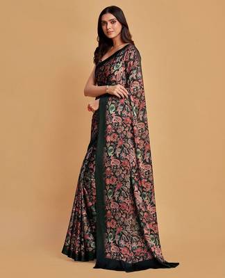 Charcoal charcoal & pink floral printed satin saree 3
