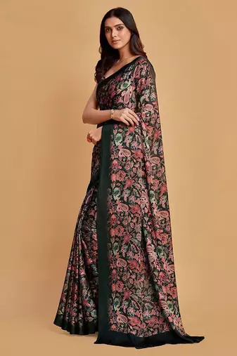 Charcoal charcoal & pink floral printed satin saree