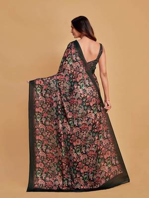Charcoal charcoal & pink floral printed satin saree 4
