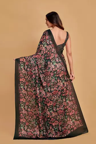 Charcoal charcoal & pink floral printed satin saree