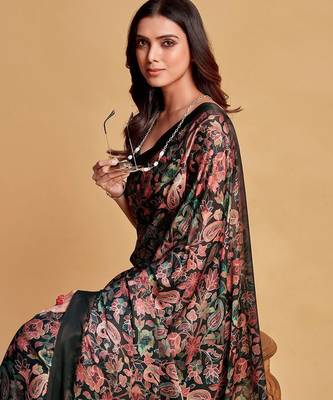 Charcoal charcoal & pink floral printed satin saree 5