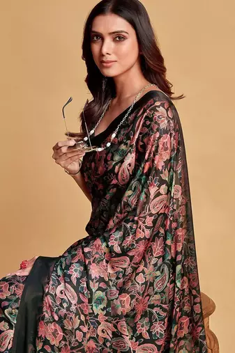 Charcoal charcoal & pink floral printed satin saree