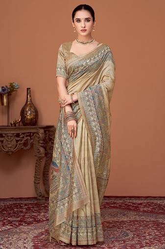 Beige kalamkari print kantha work banarasi saree