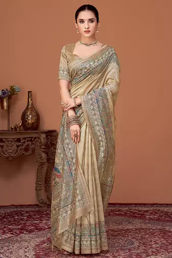 Beige kalamkari print kantha work banarasi saree