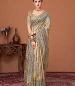 Beige kalamkari print kantha work banarasi saree