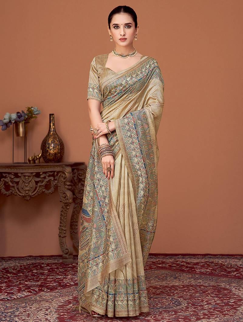 Beige kalamkari print kantha work banarasi saree
