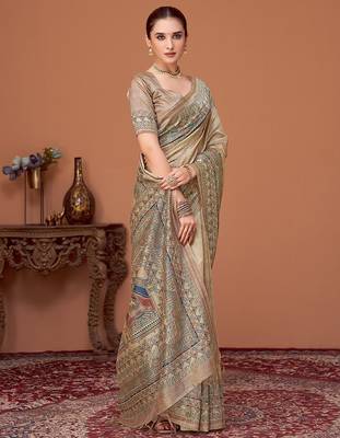 Beige kalamkari print kantha work banarasi saree 2