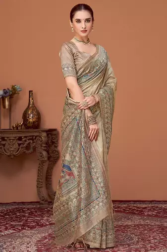 Beige kalamkari print kantha work banarasi saree