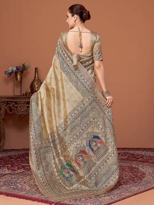 Beige kalamkari print kantha work banarasi saree 3