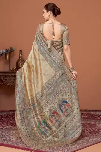 Beige kalamkari print kantha work banarasi saree