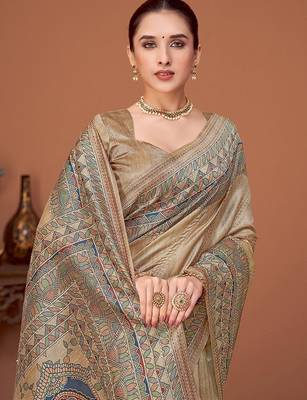Beige kalamkari print kantha work banarasi saree 4