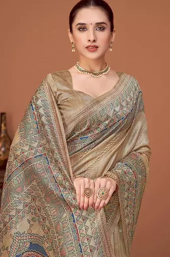 Beige kalamkari print kantha work banarasi saree