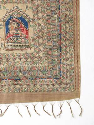 Beige kalamkari print kantha work banarasi saree 5