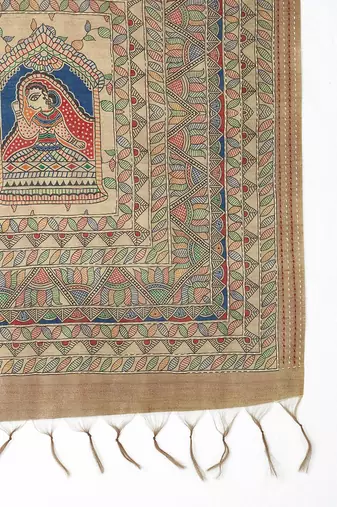 Beige kalamkari print kantha work banarasi saree